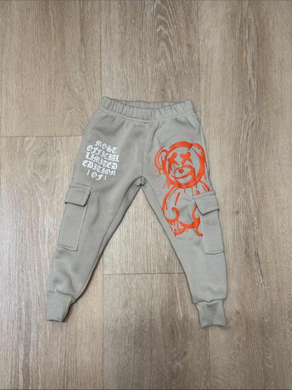 Kids Grey Cargo Joggers with Orange Bear Graphic